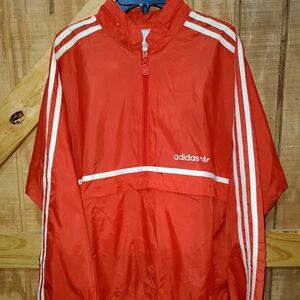 Adidas Windbreaker Mens Size Medium Red 3 White Stripes Pullover Jacket Vintage